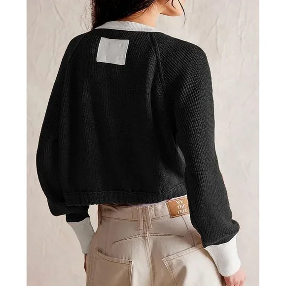Women Knitted Button Down Cropped Cardigan Jacket Sweater Y2k Fall Knit Color Bl - Picture 4 of 5